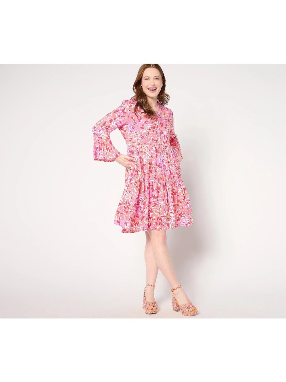 Susan Graver Passport Dress XXS Regular Print Woven Tiered Spots Pink Boho NEW